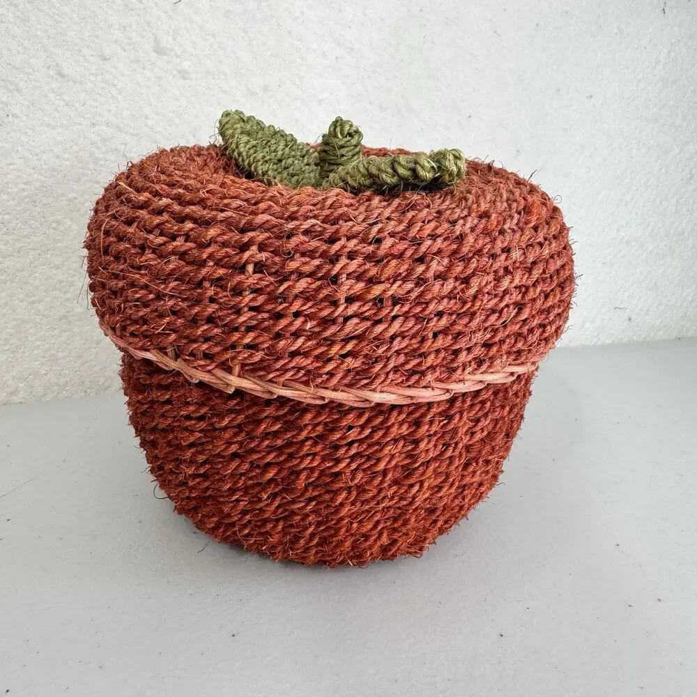 Woven Chunky Red Seagrass Apple-Shaped Basket With Snug Leaf Topped Lid Trinkets
